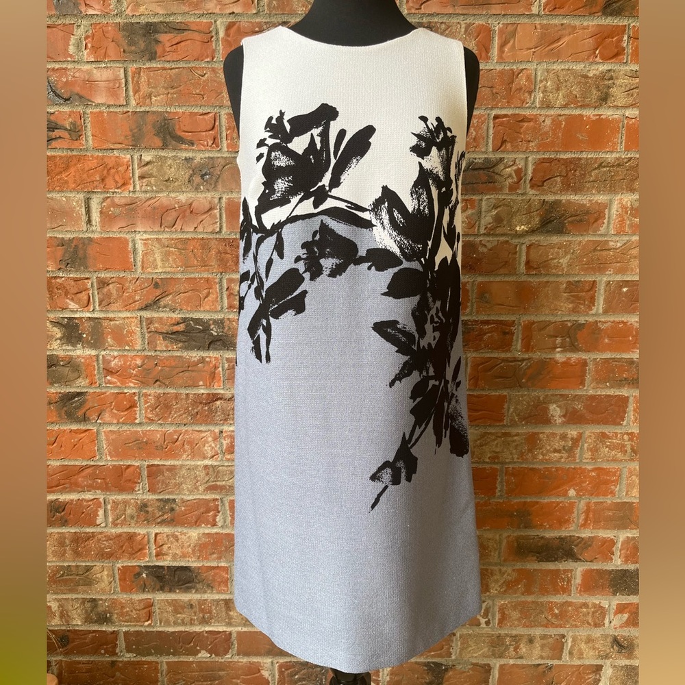 Nine West White and Light Blue Floral Shift Dress with Black Print